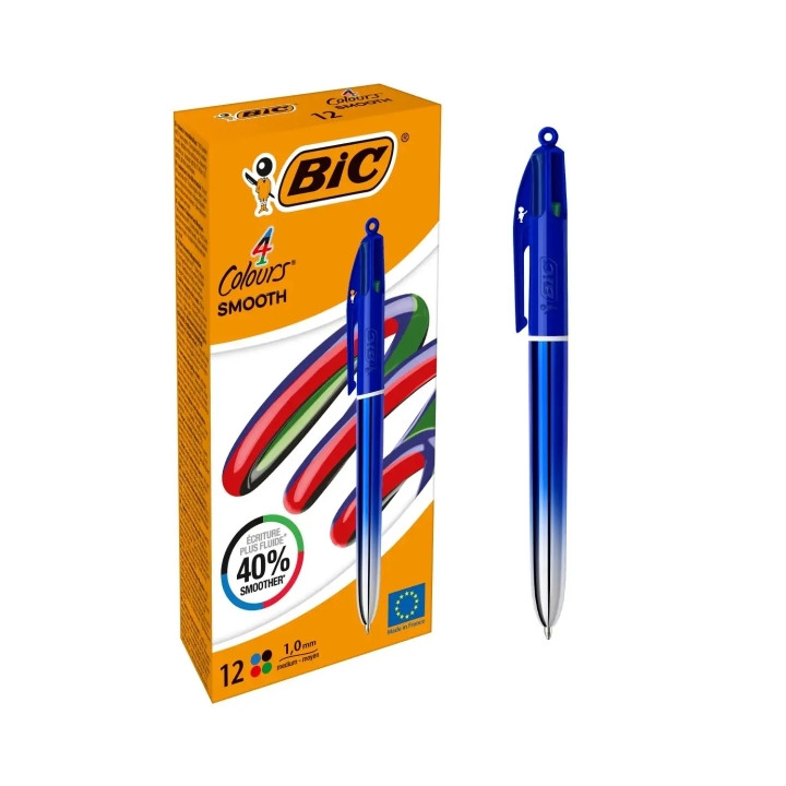 Bic 4 Colours Smooth Gradient Azul Boligrafo de Bola Retractil - Punta Media de 1.0mm - Escritura un 40% mas Suave - 4 Colores