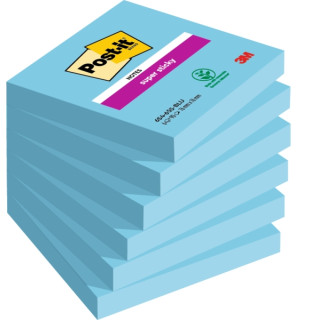 Post-It Super Sticky Pack de 6 Blocs de 90 Notas Adhesivas Reposicionables - Forma Cuadrada - 76x76mm - Color Azul