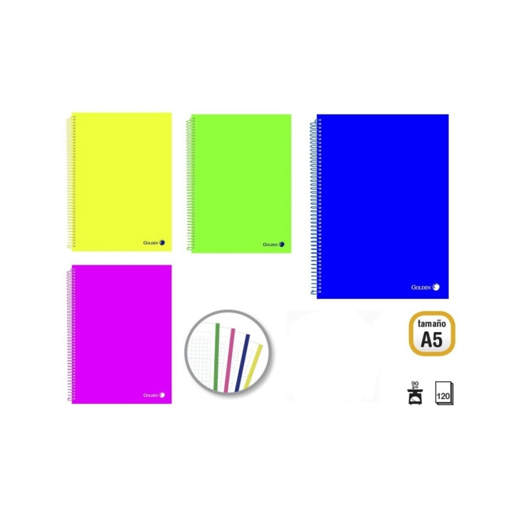 Golden Pack de 8 Cuadernos A5 120 Hojas 90gr Cuadricula 5x5 - Hojas Microperforadas con Banda de Color y 2 Taladros - Tapa Polip
