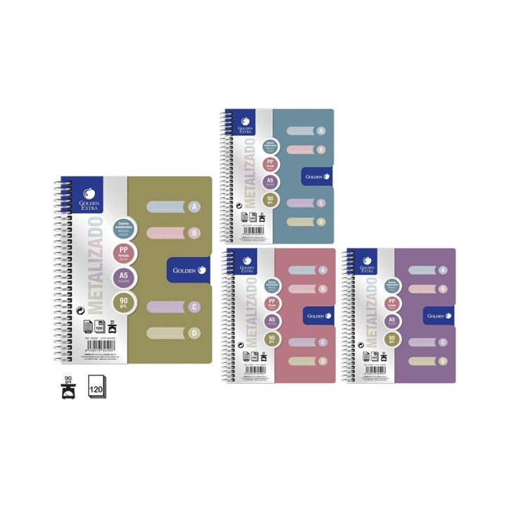Golden Pack de 6 Cuadernos A5 120 Hojas 90gr Cuadricula 5x5 - Tapa Polipropileno - 4 Separadores - Colores Metalizados Surtidos