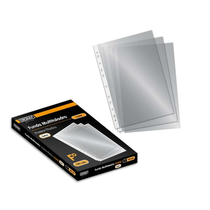 Ingraf Pack de 100 Fundas Multitaladro Folio Transparente 70 Micras - Acabado en Cristal