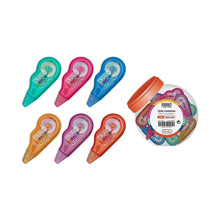 Ingraf Mini Mediterraneo Expositor con 48 Mini Cintas Correctoras 5mmx5m - Perfecta Adherencia al Papel - Cuerpo de Colores Surt