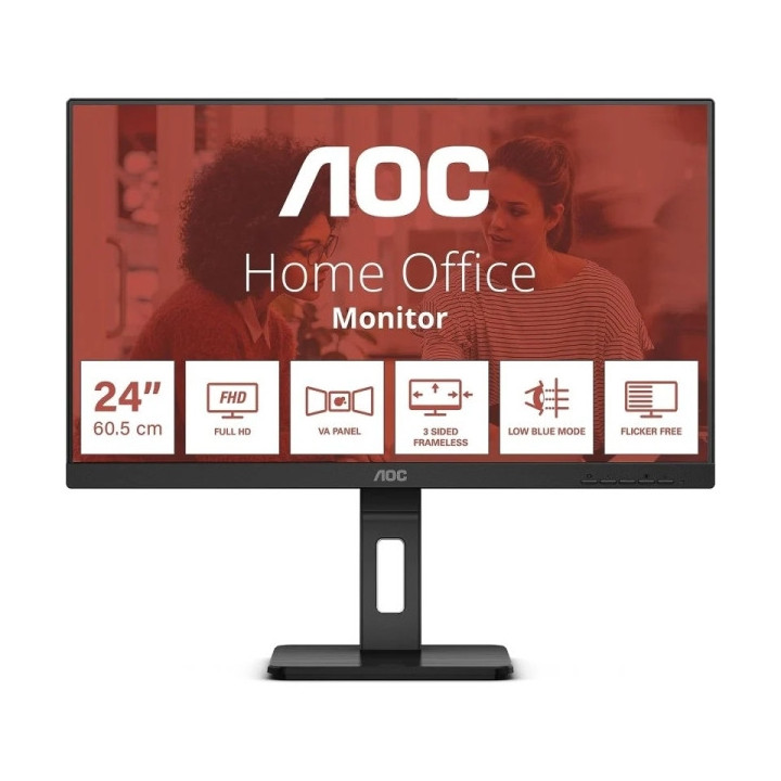 AOC Monitor 24" LED IPS FullHD 1080p 75Hz - Respuesta 4ms - Ajuste de Altura - Angulo de Vision 178° - Altavoces Incorporados