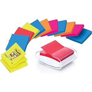 Pack dispensador blanco pro + 12 blocs 90 hojas z-notes 76x76mm super sticky colores variados pro-w-1sscol-r330 post-it 71000...