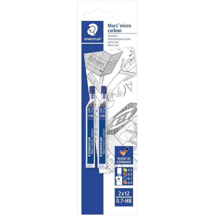 Staedtler Micro Carbon 250 Pack de 2 Tubos de 12 Minas - Mina HB de 0.7mm - Resistencia a la Rotura - 90% Procedente de Materia