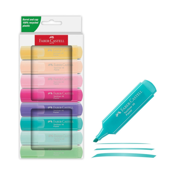 Faber-Castell Textliner 46 Pastel Pack de 8 Marcadores Fluorescentes - Punta Biselada - Trazo entre 1mm y 5mm - Tinta con Base