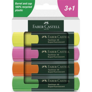 Faber-Castell Textliner 48 Pack de 4 Marcadores Fluorescentes - Punta Biselada - Trazo entre 1.2mm y 5mm - Tinta con Base de Ag