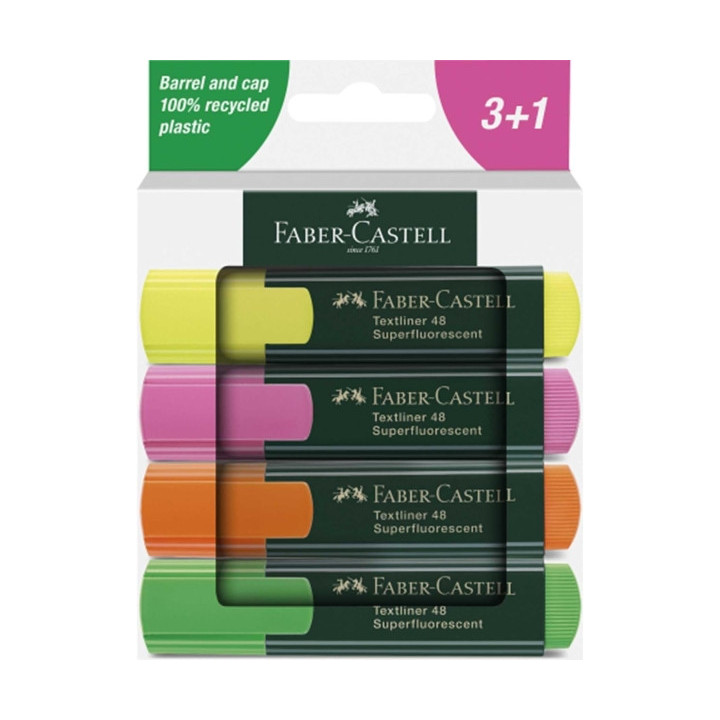 Faber-Castell Textliner 48 Pack de 4 Marcadores Fluorescentes - Punta Biselada - Trazo entre 1.2mm y 5mm - Tinta con Base de Ag