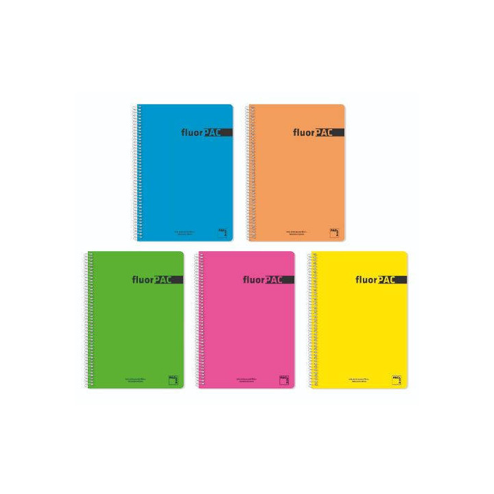 CUADERNO SERIE FLUORPAC TAPA POLIPROPILENO 90 GRS. FLUOR FOLIO (215X310MM.) 80 HOJAS CUADRÍCULA 4X4 CON MARGEN SURTIDO PACSA...