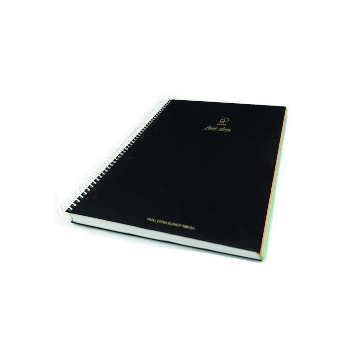 CUADERNO FIRST CLASS A5 TAPA NEGRA FORRADA MICROPERFORADO 120H 100GR TALADROS 5X5 BANDA 5 COLORES PACSA 16036
