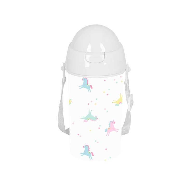 Safta Unicornio Botella de 500ml - PVC sin BPA - Pajita Interior - 73x73x195mm - Color Blanco