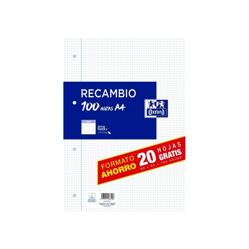 Oxford Recambio Formato A4 Cuadriculado 4x4mm 4 Taladros - 80 Hojas + 20 Gratis 90gr con Margen