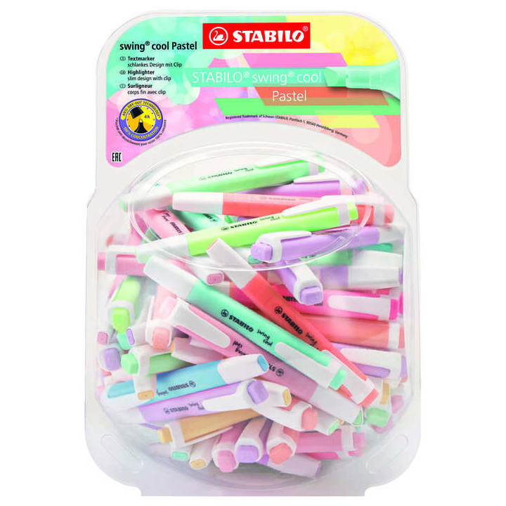 Stabilo Swing Cool Pastel Expositor de 100 Marcadores Fluorescentes - Cuerpo Plano - Punta Biselada - Trazo entre 1 y 4mm - Tin