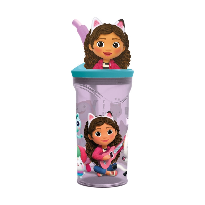 Safta Gabby's Dollhouse Party Vaso con Figura 3D de 360ml - Tapa con Rosca - Pajita Interior - Color Transparente
