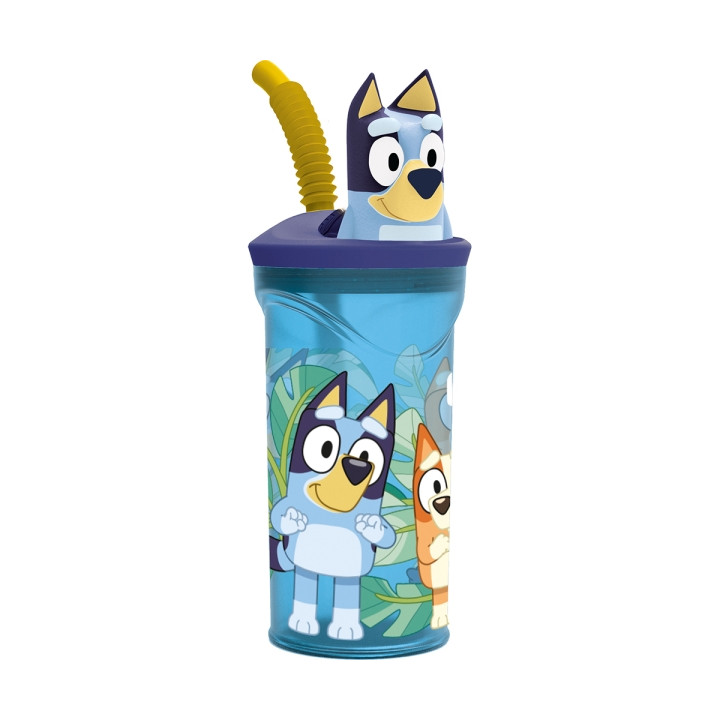 Safta Bluey Vaso con Figura 3D de 360ml - Tapa con Rosca - Cierre Hermetico - Pajita Interior - Color Azul