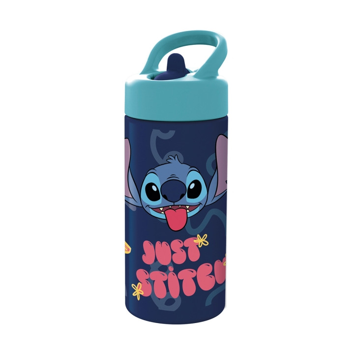 Safta Stitch Sweet Botella de 410ml - PVC sin BPA - Valvula de Salida de Agua - Asa Superior - Tapon Roscado - 74x64x178mm - Col