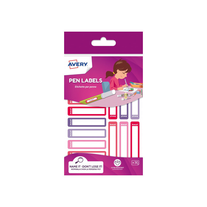 SOBRE 30 ETIQUETAS ADHESIVAS PERMANENTE 50X10MM ROSA Y VIOLETA AVERY RESMI30F-UK