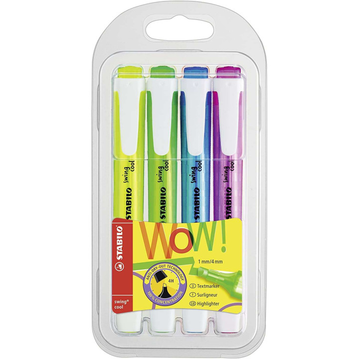 Stabilo Swing Cool Pack de 4 Marcadores Fluorescentes - Cuerpo Plano - Punta Biselada - Trazo entre 1 y 4mm - Tinta con Base de