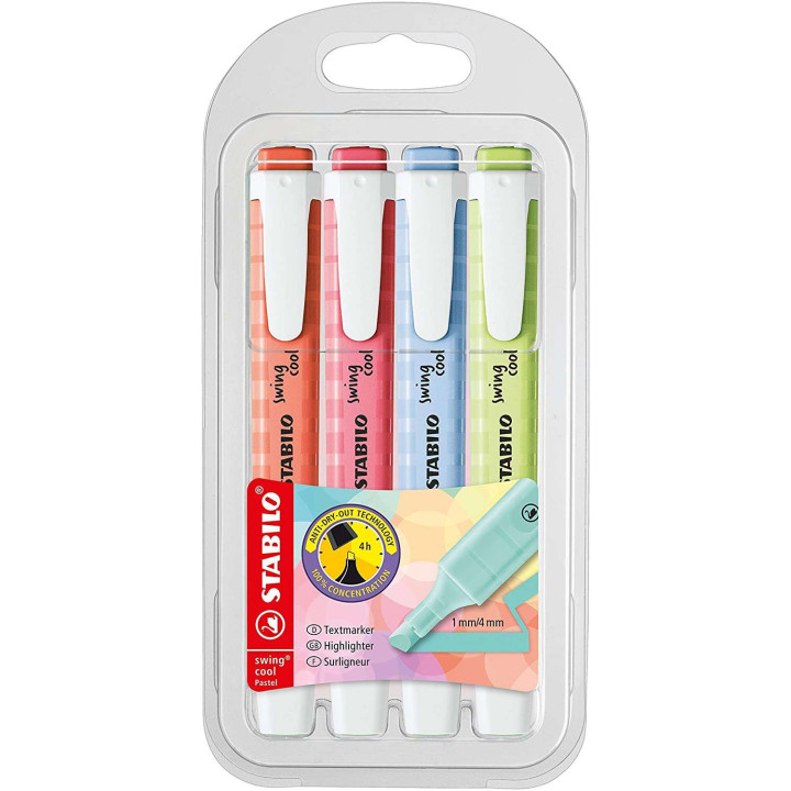 Stabilo Swing Cool Pastel Pack de 4 Marcadores Fluorescentes - Cuerpo Plano - Punta Biselada - Trazo entre 1 y 4mm - Tinta con