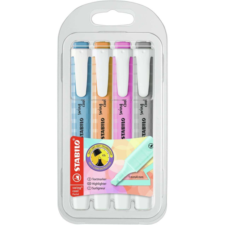 Stabilo Swing Cool Pastel Pack de 4 Marcadores Fluorescentes - Cuerpo Plano - Punta Biselada - Trazo entre 1 y 4mm - Tinta con