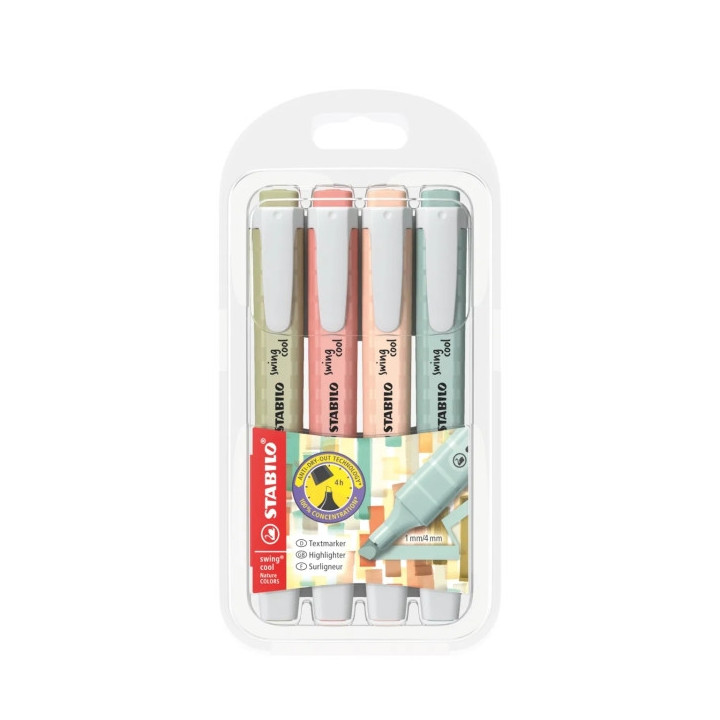 Stabilo Swing Cool Naturecolors Pack de 4 Marcadores Fluorescentes - Cuerpo Plano - Punta Biselada - Trazo entre 1 y 4mm - Tint