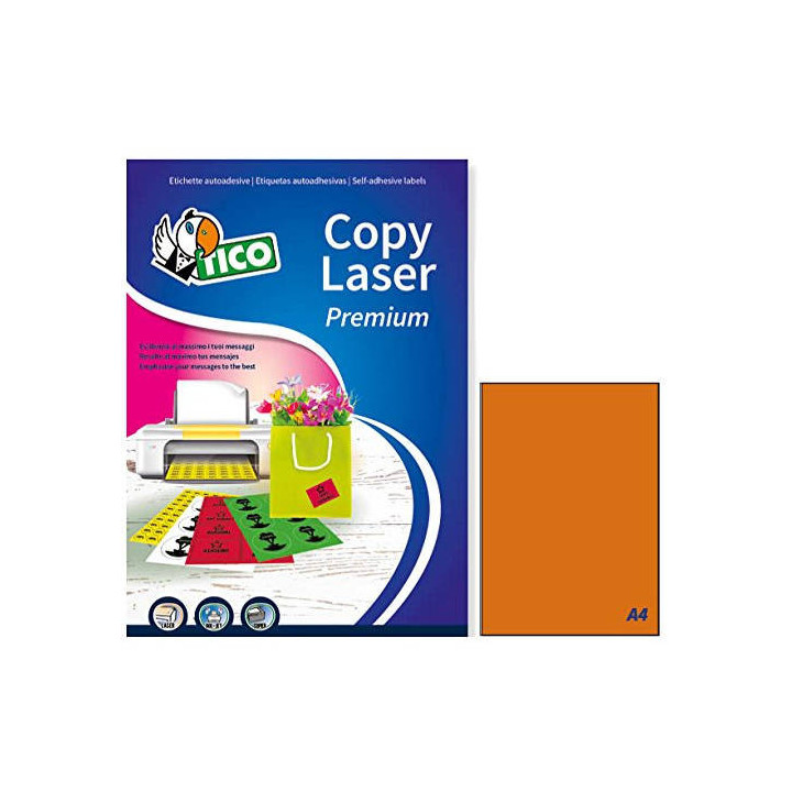 CAJA 70 HOJAS ETIQUETAS NARANJA FLUORESCENTE SIN MÁRGENES-LÁSER/INYECCIÓN DE TINTA/FOTOCOPIADORAS-210X297 MM TICO LP4FA-21...