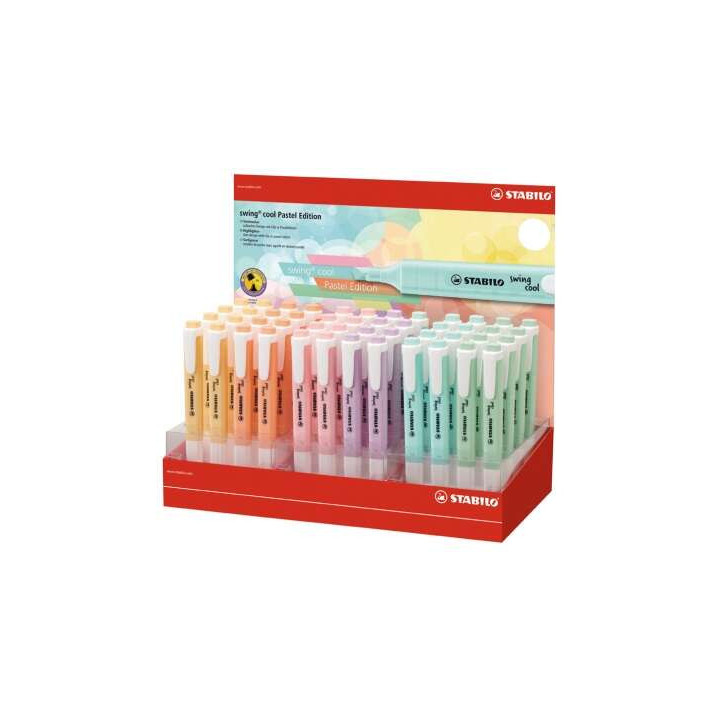 Stabilo Swing Cool Pastel Expositor de 48 Marcadores Fluorescentes - Cuerpo Plano - Punta Biselada - Trazo entre 1 y 4mm - Tint