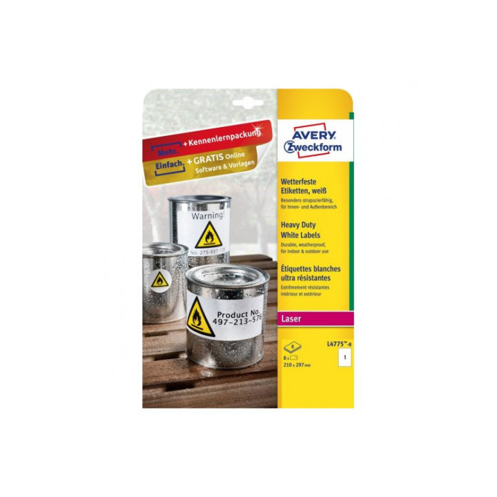 PAQUETE 8 HOJAS ETIQUETAS DE POLIÉSTER BLANCO-IMPRESORAS LÁSER-210X297 MM AVERY L4775-8