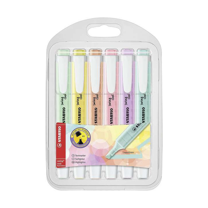Stabilo Swing Cool Pastel Pack de 6 Marcadores Fluorescentes - Cuerpo Plano - Punta Biselada - Trazo entre 1 y 4mm - Tinta con