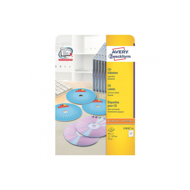 PAQUETE 25 HOJAS ETIQUETAS FULL-FACE NO TOUCH BLANCAS-IMPRESORAS LÁSER-117 MM DIAMETRO AVERY L7676-25