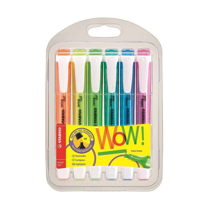 Stabilo Swing Cool Pack de 6 Marcadores Fluorescentes - Cuerpo Plano - Punta Biselada - Trazo entre 1 y 4mm - Tinta con Base de