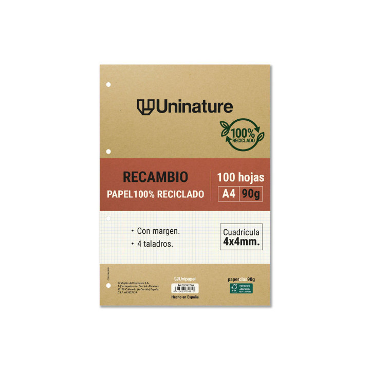 RECAMBIO RECICLADO A4 100 HOJAS 90GR CUADRICULA 4X4 MM CON TALADROS UNINATURE 53392700