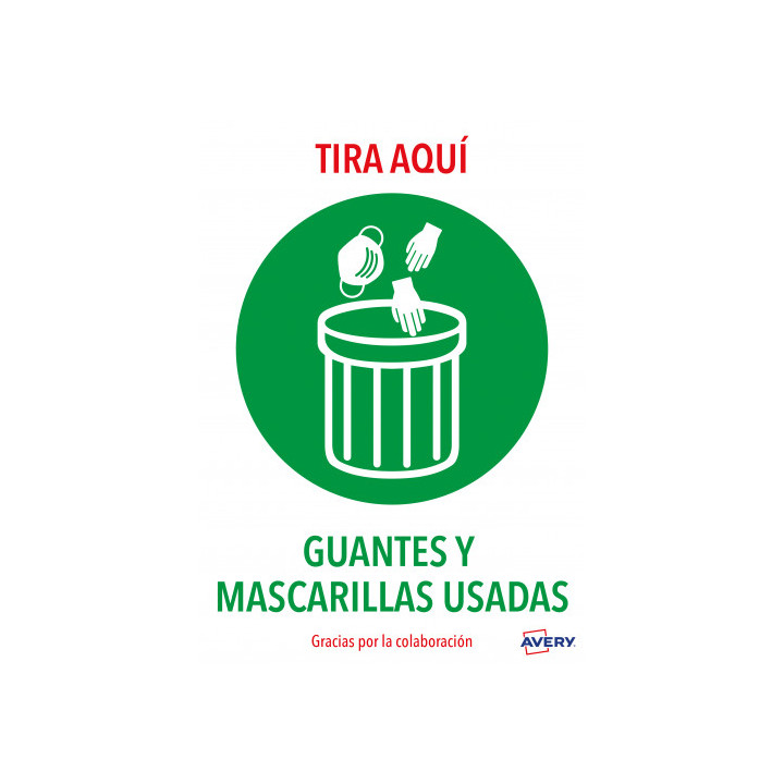 SEÑALES ADHESIVOS PREIMPRESO "TIRA AQUÍ GUANTES Y MASCARILLAS USADAS" SOBRE DE 2 HOJAS EN A4 AVERY AV_KITCOVID7_ES