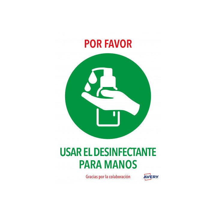 SEÑALES ADHESIVOS PREIMPRESO "USAR DESINFECTANTE PARA LAS MANOS" SOBRE DE 2 HOJAS EN A4 AVERY AV_KITCOVID3_ES