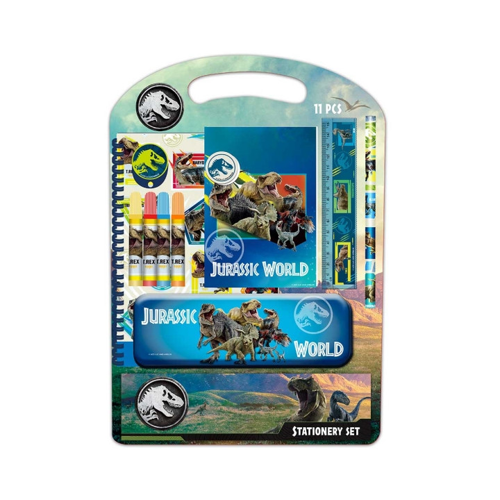 Safta Jurassic World Pack Escolar con Plumier Metalico - Lapiz - 4 Rotuladores - Regla 15cm - Sacapuntas - Goma - Libreta A4 - B