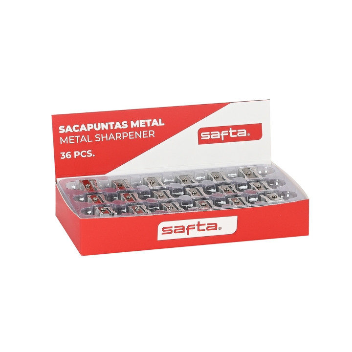Safta Expositor con 36 Sacapuntas de Metal - Cuchilla de Alta Calidad - Agarre Ergonomico - Color Aluminio