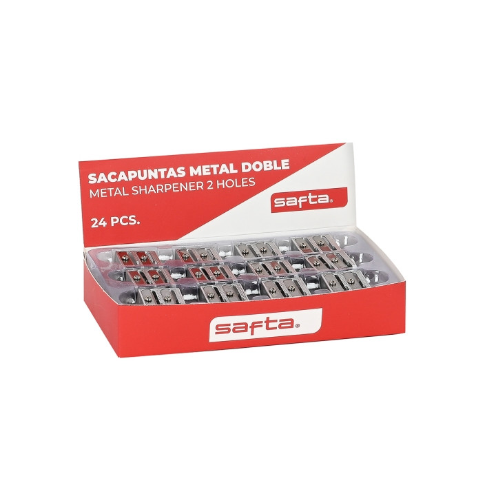 Safta Expositor con 24 Sacapuntas Doble de Metal - Cuchilla de Alta Calidad - Agarre Ergonomico - Color Aluminio