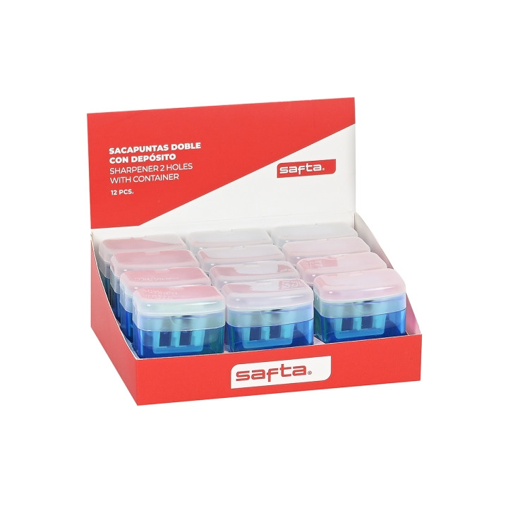 Safta Expositor con 12 Sacapuntas Doble con Deposito - Cuchilla de Acero Duradera - Agarre Ergonomico - Deposito para Virutas -