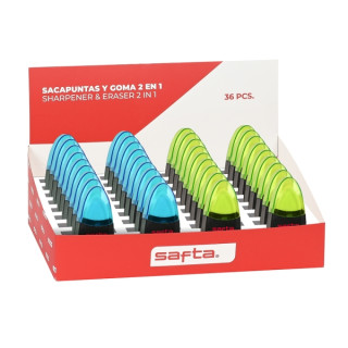 Safta Expositor con 36 Sacapuntas y Goma - Doble Funcion - Deposito para Virutas - Tapa Protectora de Plastico - Colores Surtido