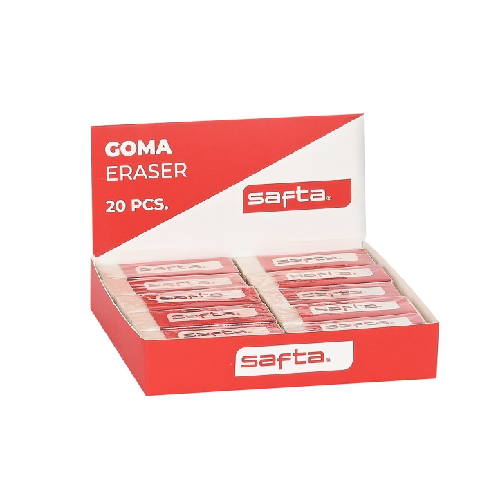 Safta Expositor con 20 Gomas - PVC - Borrado Limpio - Suave al Tacto - Color Blanco