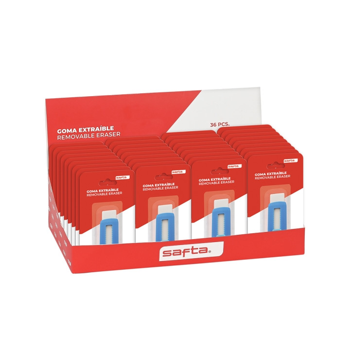 Safta Expositor con 36 Gomas Extraibles - Ergonomico - Estilo Cutter - Color Azul y Blanco