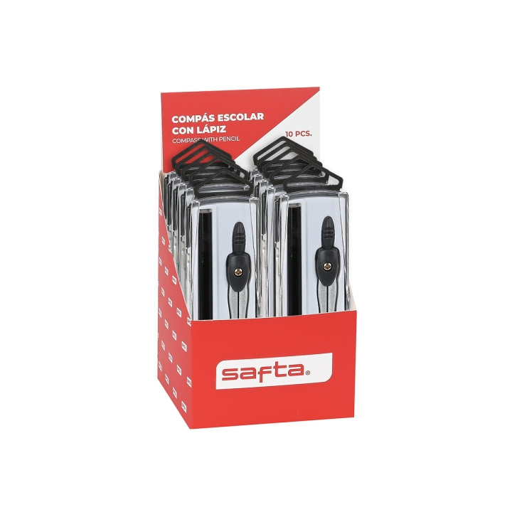 Safta Expositor con 10 Compases Escolares - Incluye Lapiz - Ergonomico - Colores Surtidos