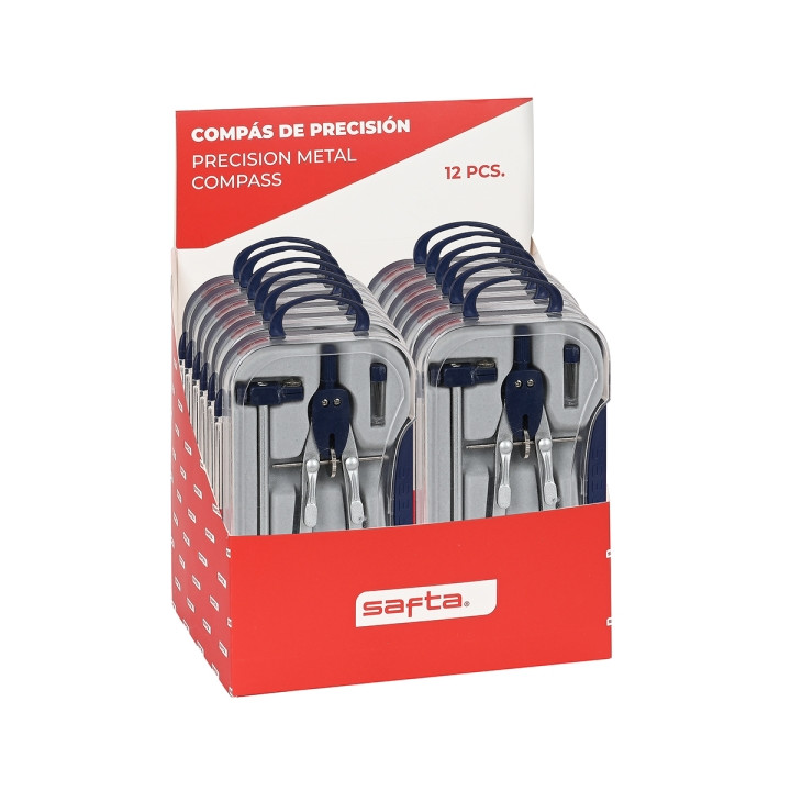Safta Expositor con 12 Compases de Precision - Ajuste Variable - Mecanismo Rapido - Extensor - Incluye Minas - Colores Surtidos
