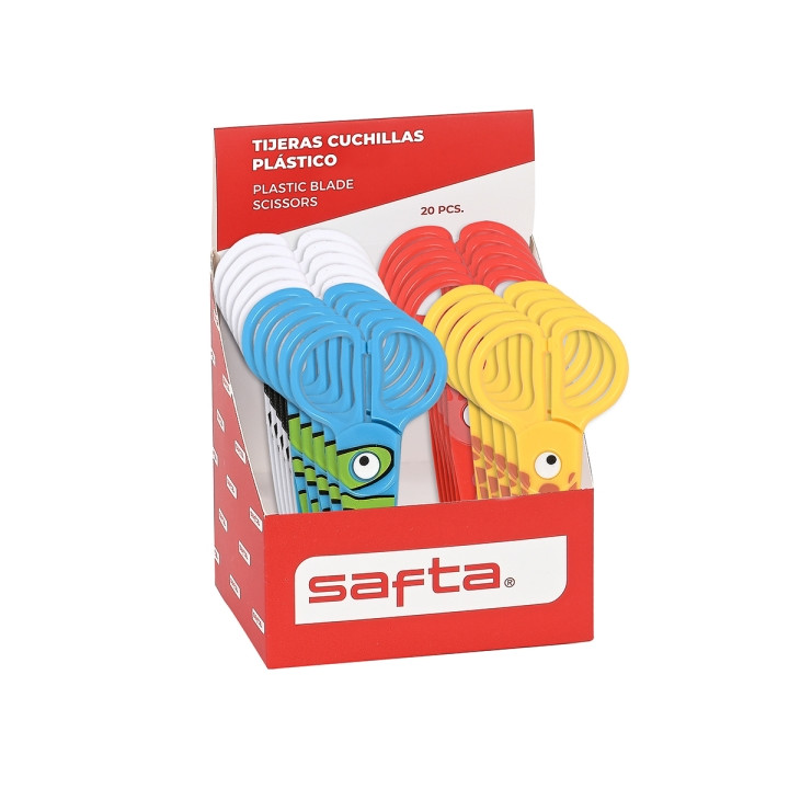 Safta Expositor con 20 Tijeras de 12cm - Asas Ergonomicas - Plastico Resistente - Punta Redonda Segura - Colores Surtidos