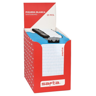 Safta Expositor con 20 Pizarras Blancas - Doble Cara - Incluye Rotulador y Borrador - Formato Antiroturas - Color Blanco