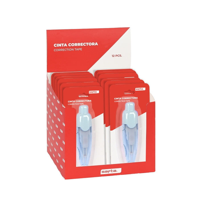 Safta Expositor con 12 Cintas Correctoras - Plastico PET - Reescritura Instantanea - Retractil - Colores Surtidos
