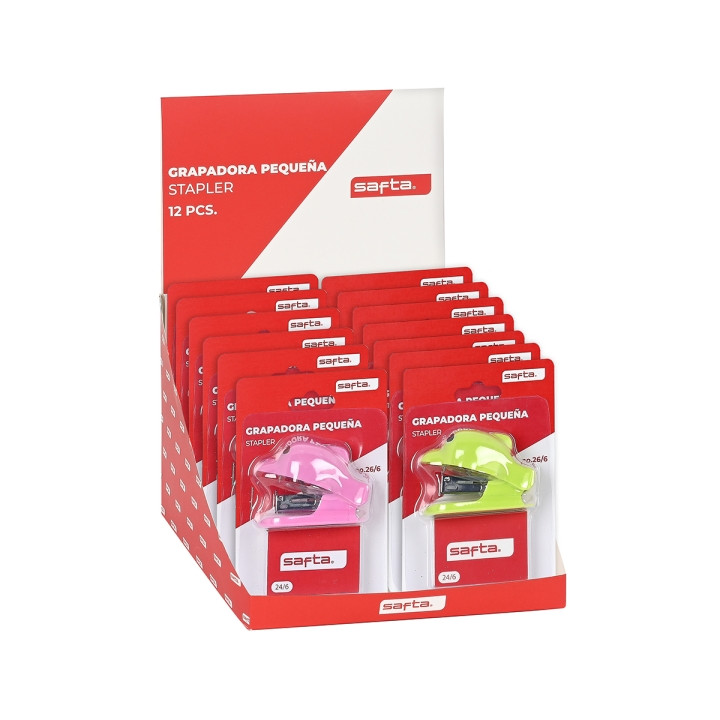 Safta Expositor con 12 Grapadoras Manuales - Sistema Quitagrapas Integrado - Incluye Caja de Grapas - Compatible con 24/6 - Suje