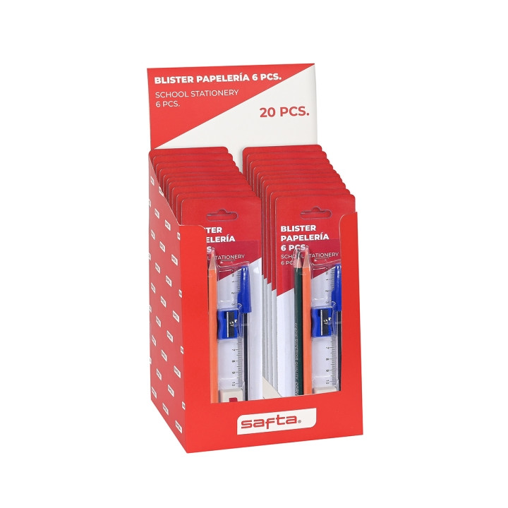 Safta Expositor con 20 Packs Escolares - 2 Lapices - Sacapuntas - Goma - Sacapuntas Incluido - Goma de Borrar - Boligrafo Azul -