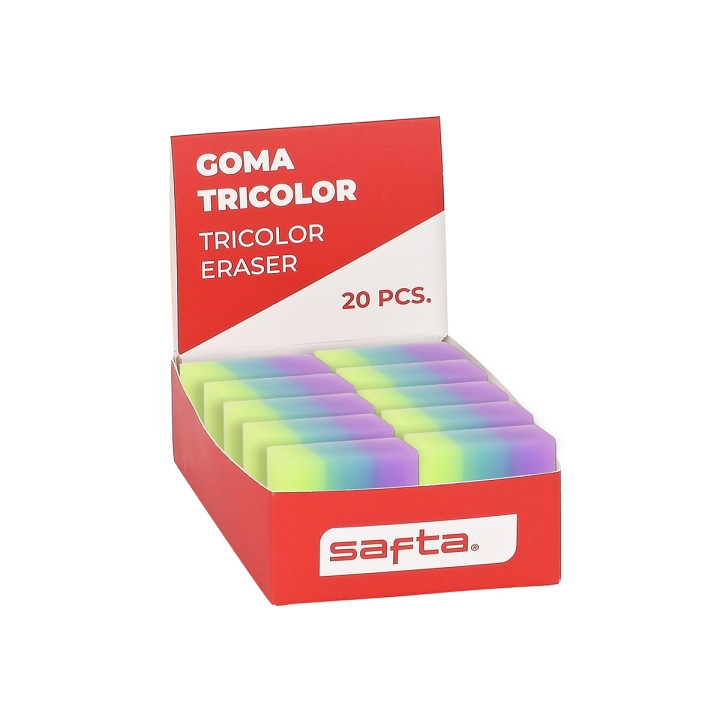 Safta Expositor con 20 Gomas - PVC - Borrado Limpio - Suave al Tacto - Tricolor