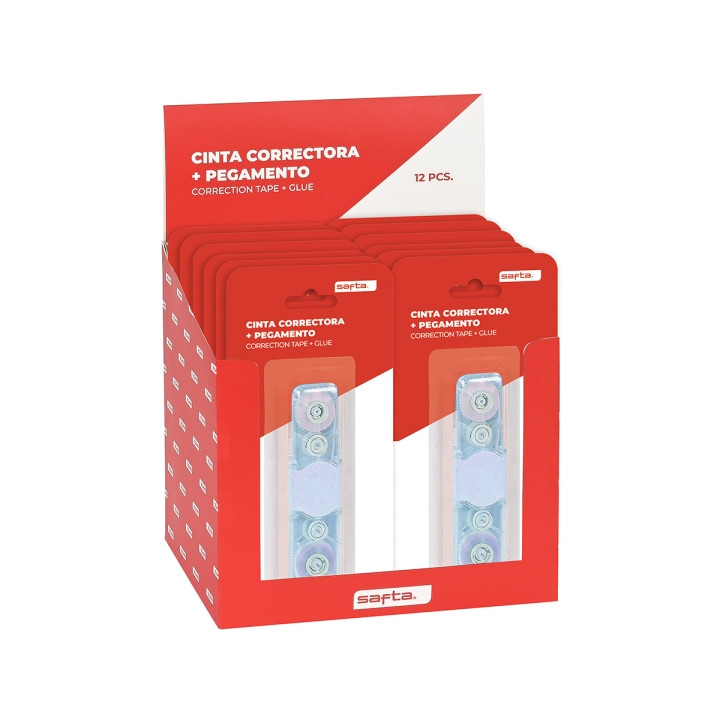 Safta Expositor con 12 Packs de Cinta Correctora y Pegamento - Doble Funcion - Colores Surtidos